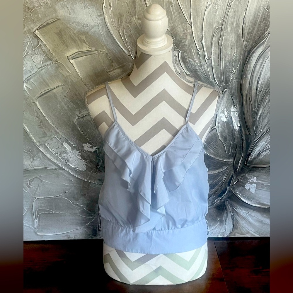 Light Dusty Blue Spaghetti Strap Blouse With Ruffles & Button‎ Up Fitted Waist